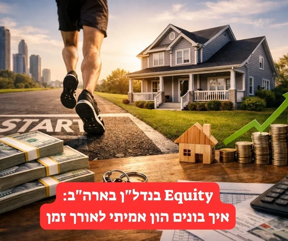 תמונת נדל"ן המדגימה השקעה: בית פרטי בפרוור אמריקאי באור שקיעה, ערימות שטרות דולר ומפתחות בית בקדמת התמונה, לצד מטבעות מסודרים כחץ עולה המסמל צמיחת ערך והשבחה לאורך זמן.