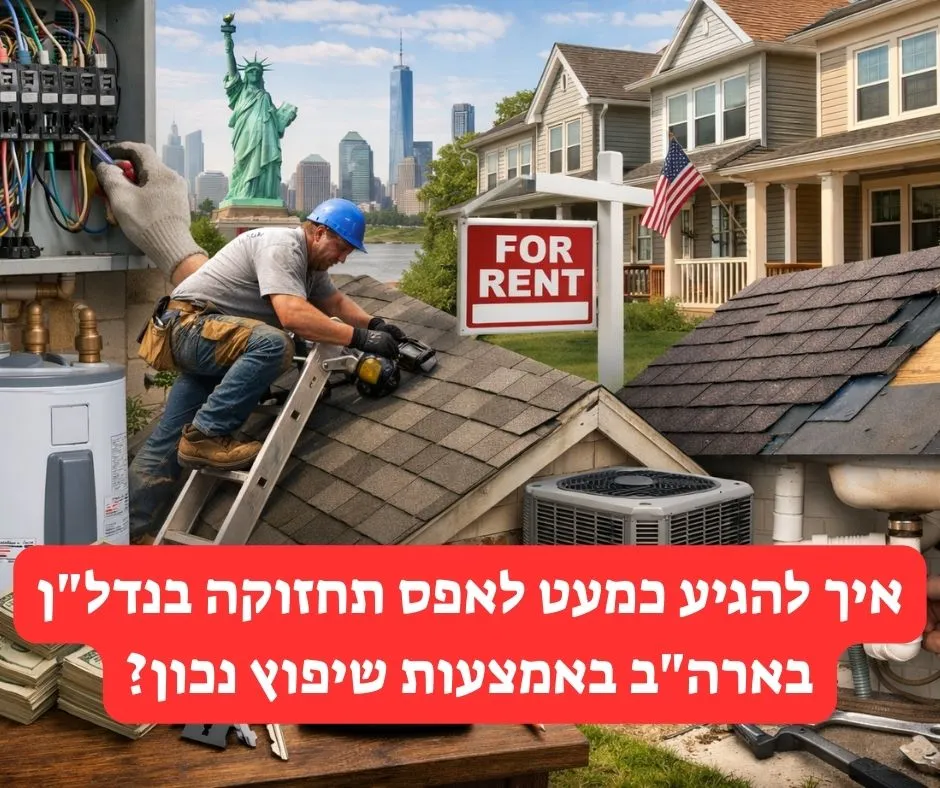 קבלן עובד על גג בית בארה"ב לצד מערכות חשמל, אינסטלציה ומיזוג, עם שלט For Rent וערימות כסף המסמלות ניהול שיפוץ ותחזוקה בנדל"ן מניב