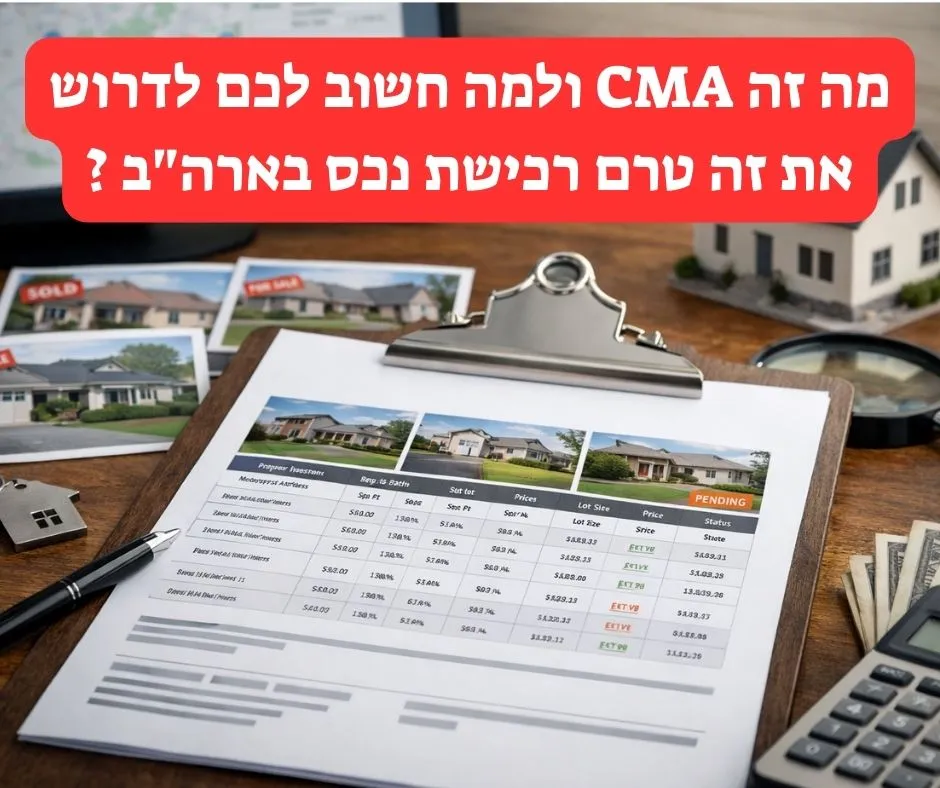 צילום ריאליסטי של שולחן עבודה של מתווך נדל"ן עם דוח השוואת נכסים מודפס על קליפבורד, לצד מפתחי בית, מחשבון, זכוכית מגדלת, תמונות בתים ומסך מחשב עם מפה ורישומי נכסים.