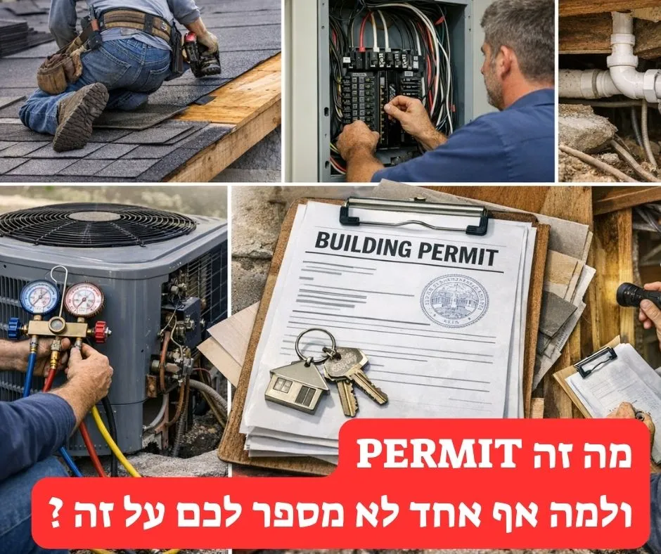 קולאז' ריאליסטי של עבודות שיפוץ בית בארה"ב - קבלן על גג, לוח חשמל פתוח, עבודות אינסטלציה, טכנאי HVAC, וטופס היתר בנייה עם מפקח עירוני באתר.