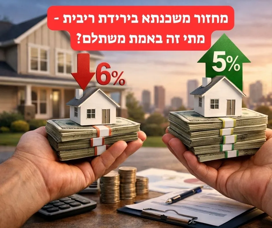 ידיים מחזיקות ערימות שטרות שעליהן דגמי בתים קטנים וחיצים המייצגים ירידת ריבית מ־6% ל־5%, ברקע בית פרטי, מחשבון ומסמכים פיננסיים הקשורים למשכנתא והשקעות נדל"ן.
