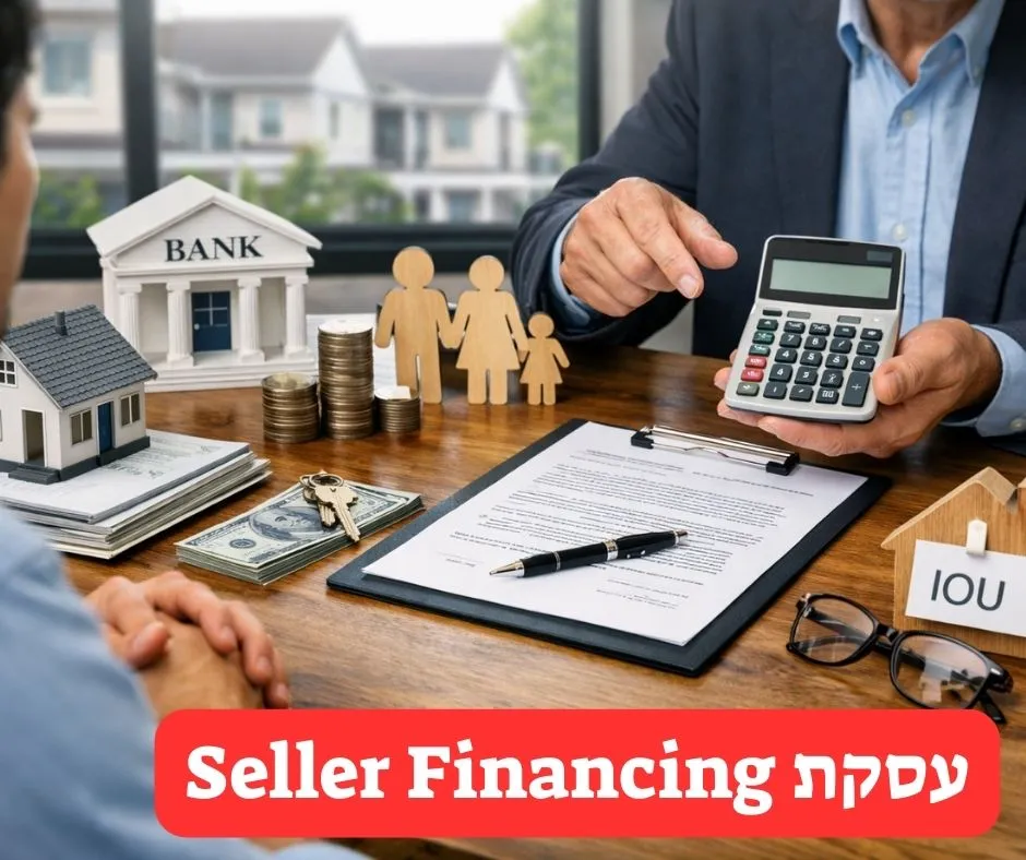 פגישת מימון מוכר בעסקת נדלן בין קונה למוכר עם מסמכים, מחשבון ומודל בית על שולחן.