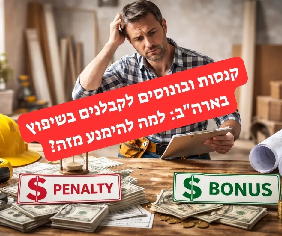 ALT: קבלן שיפוצים מחזיק לוח כתיבה באתר שיפוץ, על שולחן לפניו קסדת בטיחות, תוכניות בנייה, שעון חול וערימות כסף, בהקשר של ניהול זמנים ועלויות בפרויקט שיפוץ.